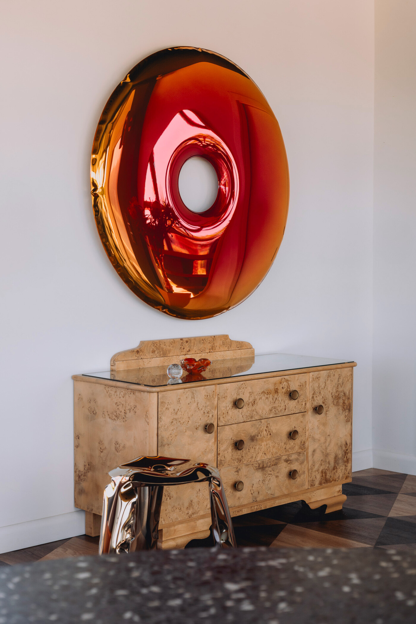 Zieta's Transitions rondo mirror and plopp chair
