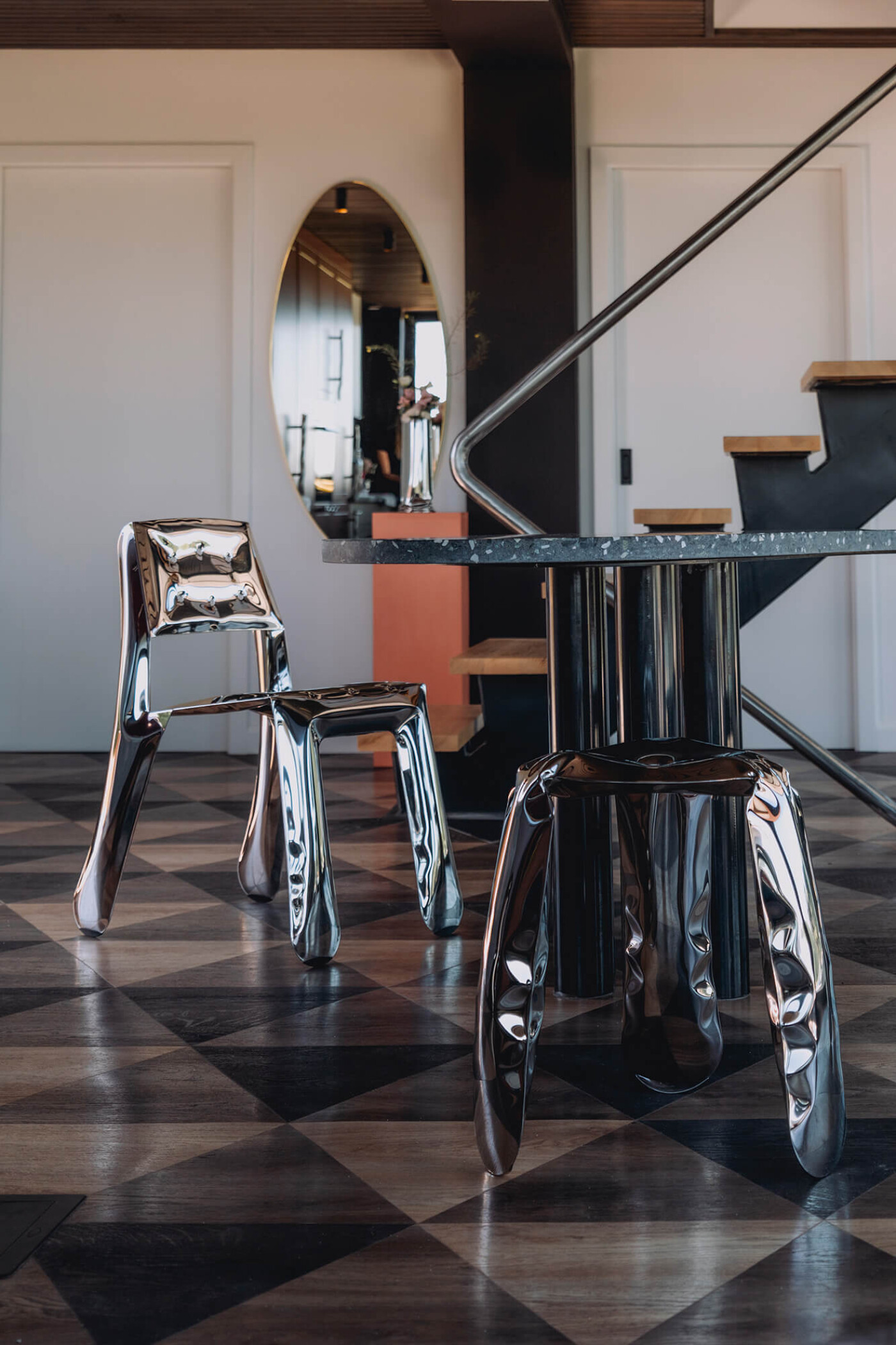 Zieta's inox chippensteel and plop chairs